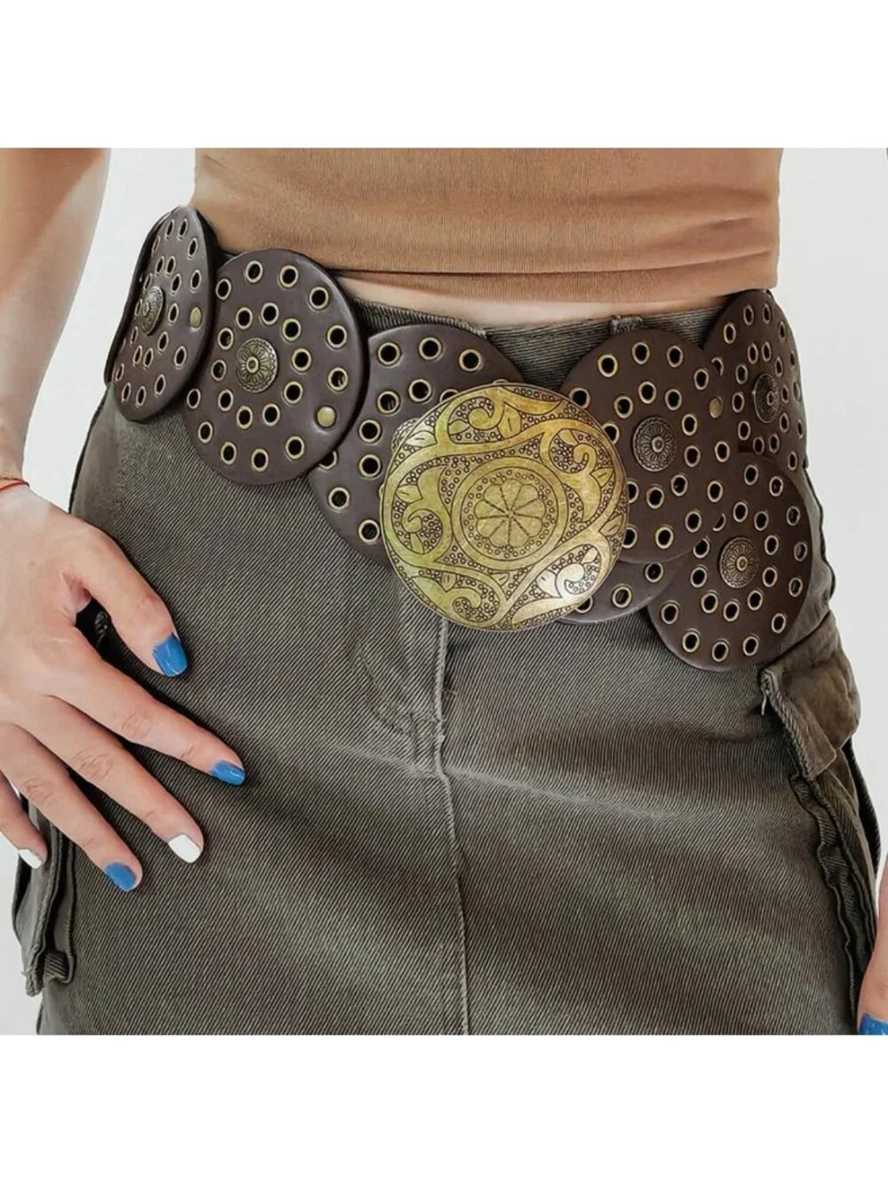 Boho Wide Disc PU Leather Waist Belt with Metal Buckle for Women - Stylish